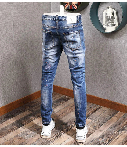 Fashion Streetwear Men Jeans Retro Black Blue Elastic Slim Fit Ripped Jeans Men Spliced Designer Embroidery Hip Hop Denim Pants