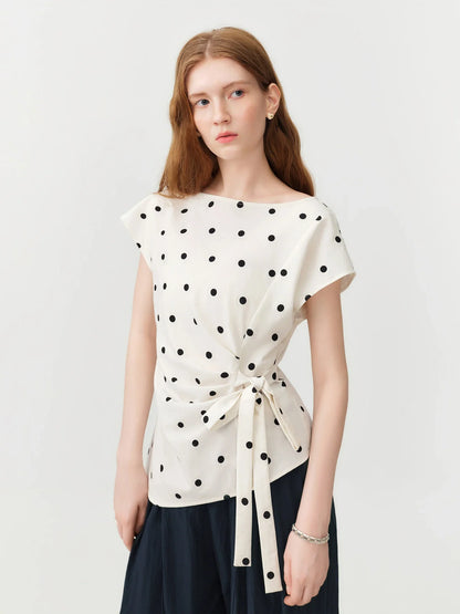 2026 Summer Women‘s Slash Neck Tie-Waist Polka Dot Short Sleeves Blouse Front-Knot Shirt French Office Chic Coquette Style