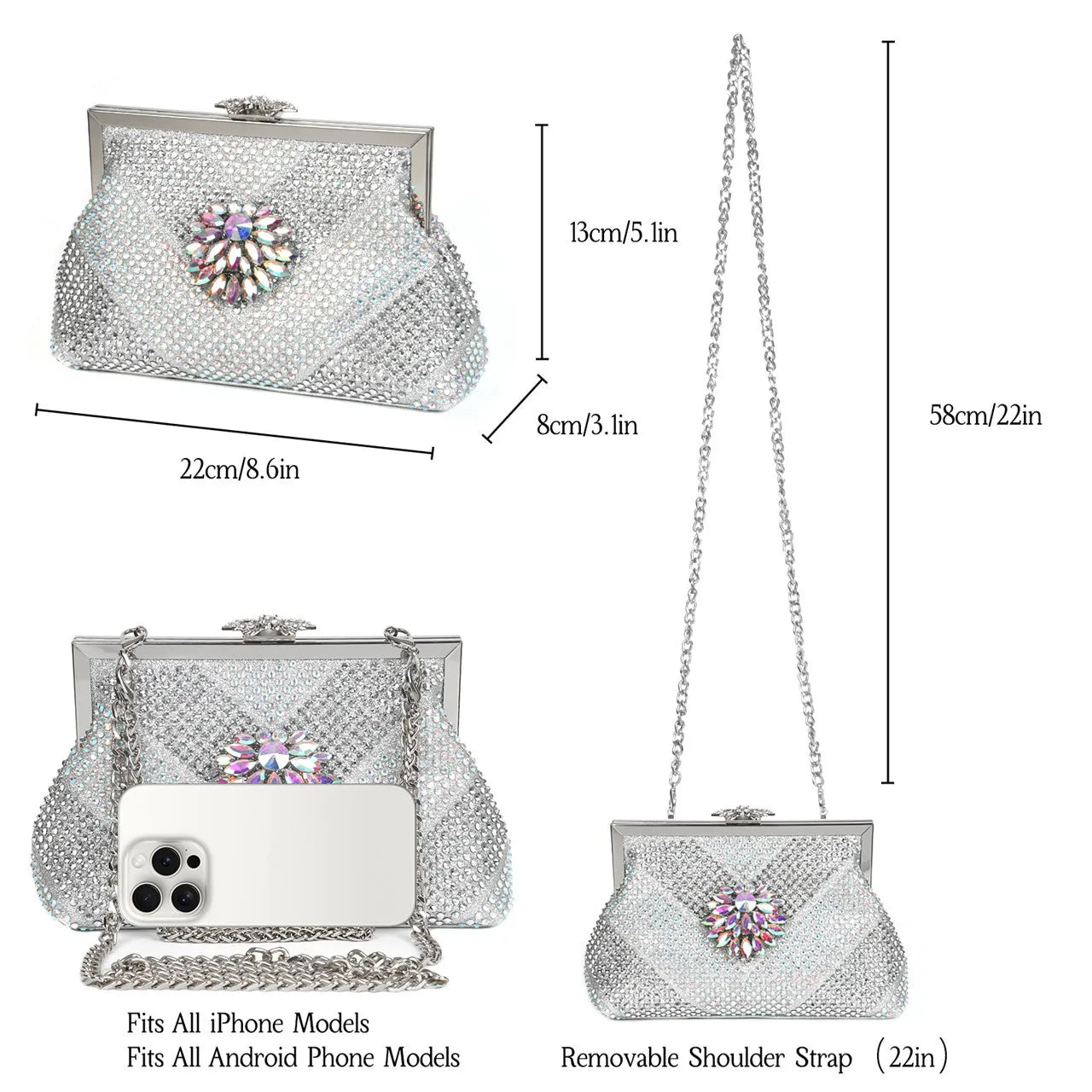 Italian Shoes and Bags Matching Set 2024 Silver Color Rhinestone Fashion High Heels for Women Pointed Toe Pumps