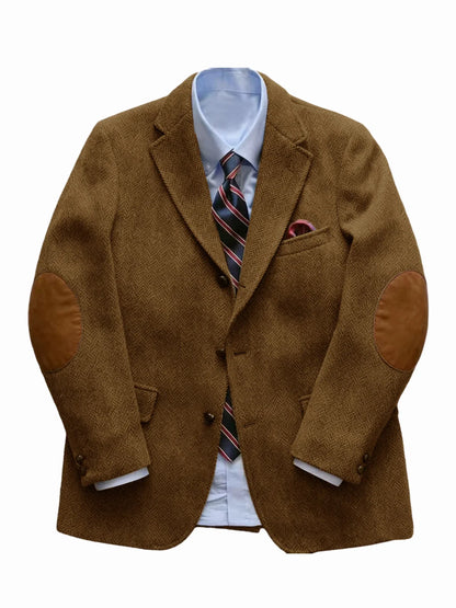 Men's Vintage Herringbone Tweed Blazer With Elbow Patch 2 Button Single Breasted Cotton Casual Slim Fit Business Jacket XS-7XL