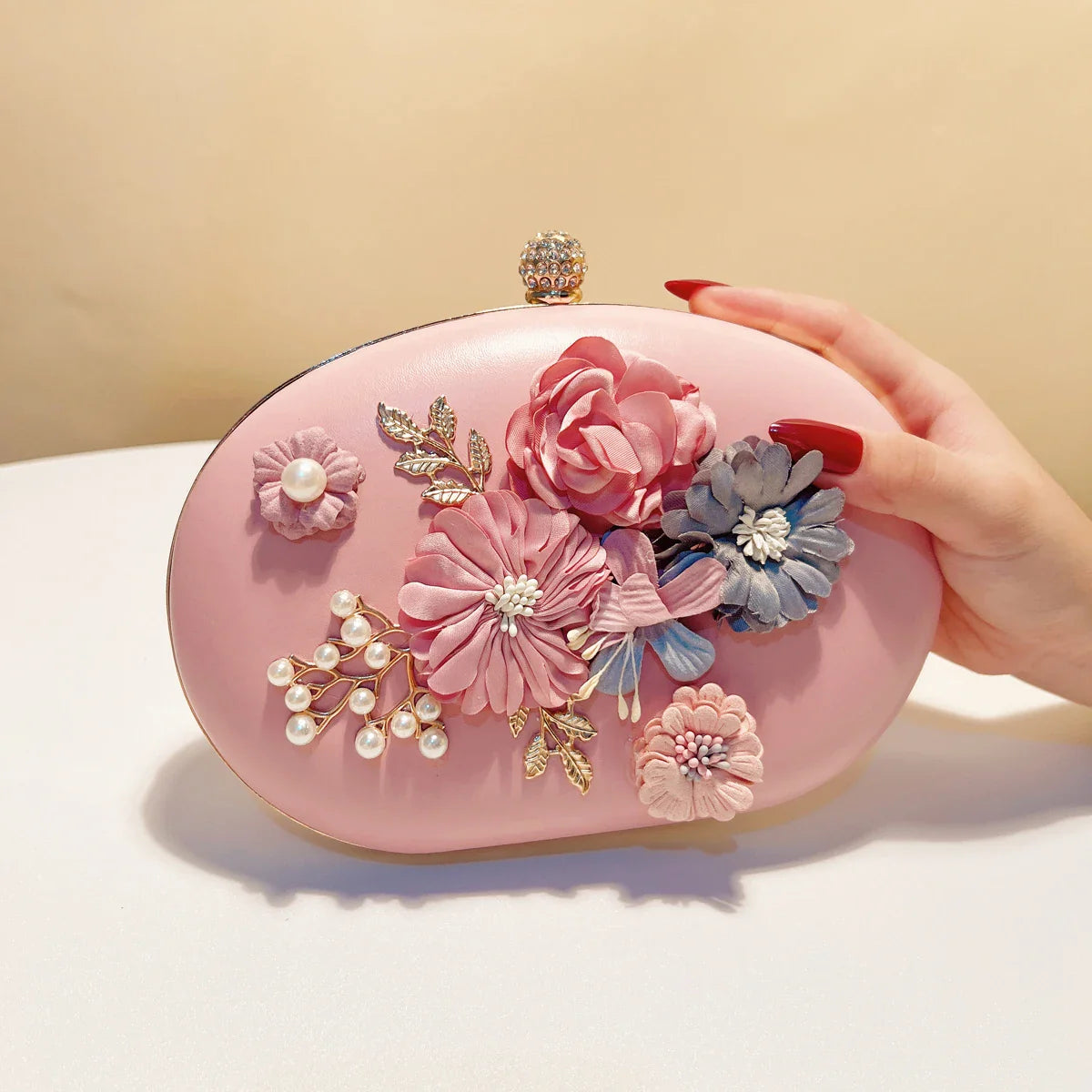 Flower Evening Bags Pink Color Women Small Clutch Purse With Chain Shoulder Flap Design Diamonds Beading Box