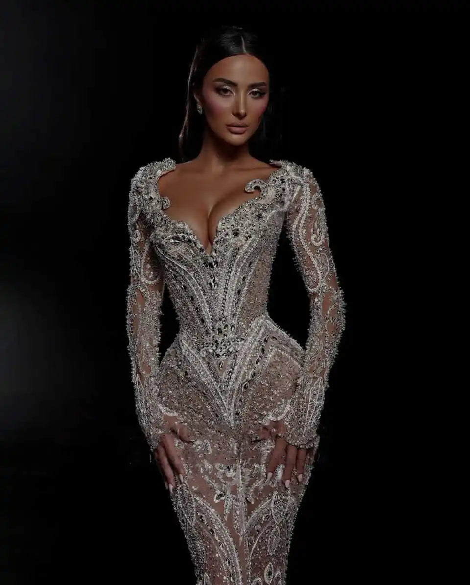Luxurious V Neck Prom Dresses Long Sleeve Lace Crystal Evening Dress Flare Pants Jumpsuits Celebrity Party Gown