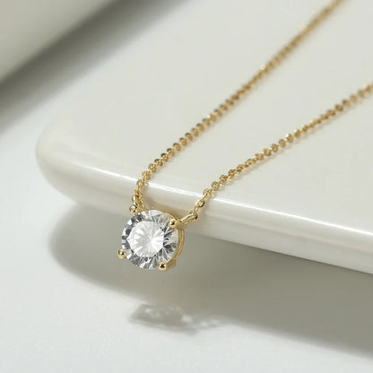 925 Sterling Silver Dainty Necklace for Women 14K Gold Plated Round Brilliant Cut Solitaire Pendant Necklace APN13