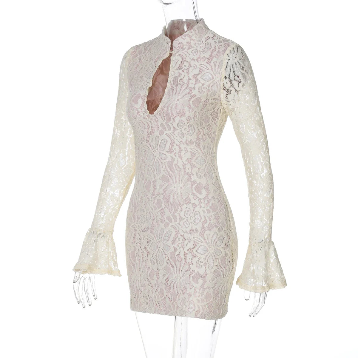 Turtleneck Long Flare Sleeve Patchwork Lace Hollow Out Button Sexy Mini Dress 2025 Spring Women Clothes Party Nightclub