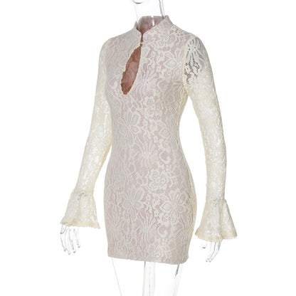 Turtleneck Long Flare Sleeve Patchwork Lace Hollow Out Button Sexy Mini Dress 2025 Spring Women Clothes Party Nightclub