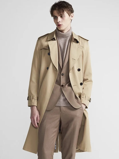 Spring Autumn Long Chic Khaki Trench Coat Men Belt Double Breasted Elegant Luxury British Style Black Overcoat 2025
