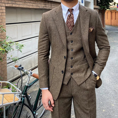 New Retro Herringbone Slim Fit Men's Suit Gentlemen's 3-piece Suit Single Breasted Handsome Autumn Winter Business Casual Formal