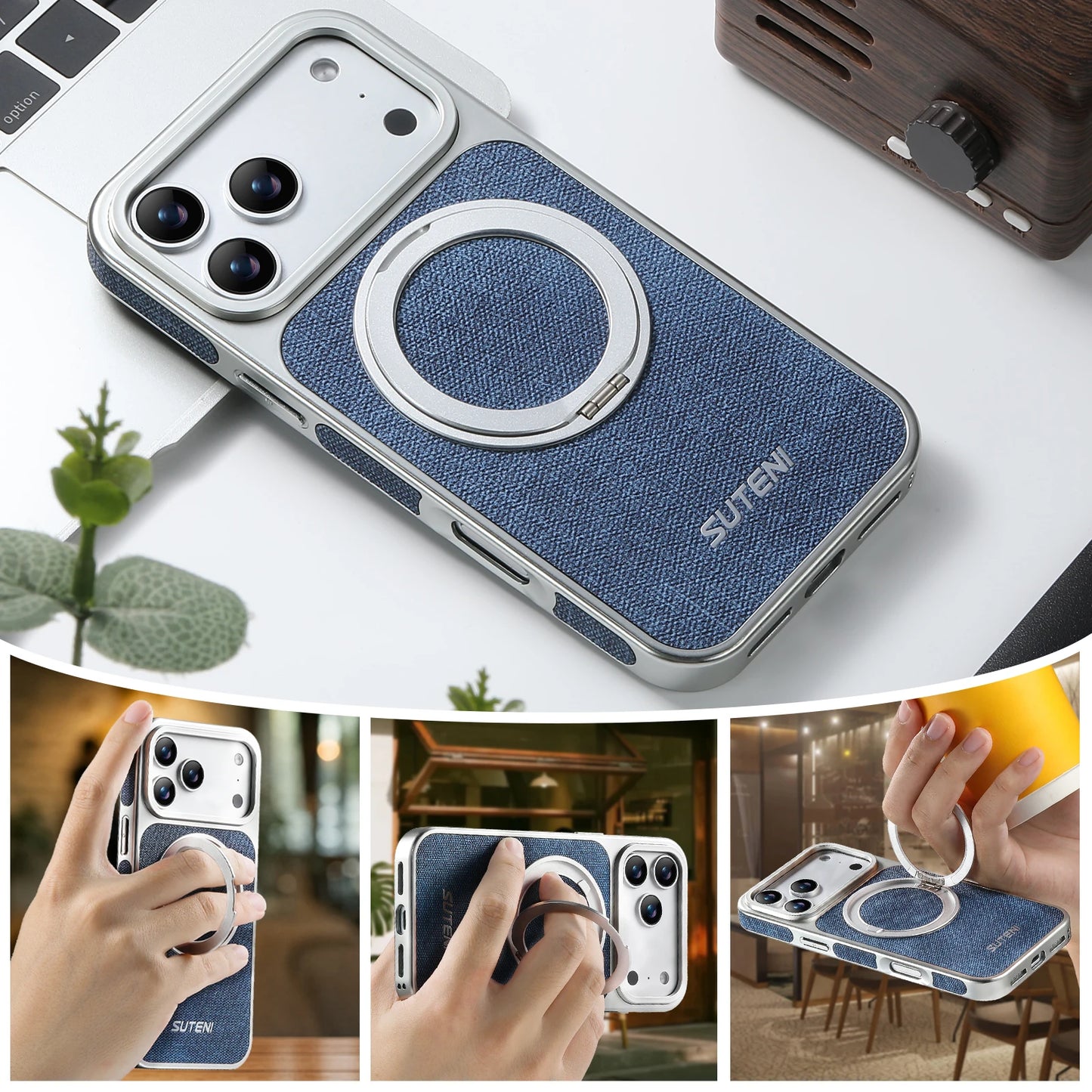 Faux Leather Magnet Wireless Charging Phone Case 360° Rotating Stand Ring Buckle Frosted Feel For iPhone 17 Pro Max 16 15
