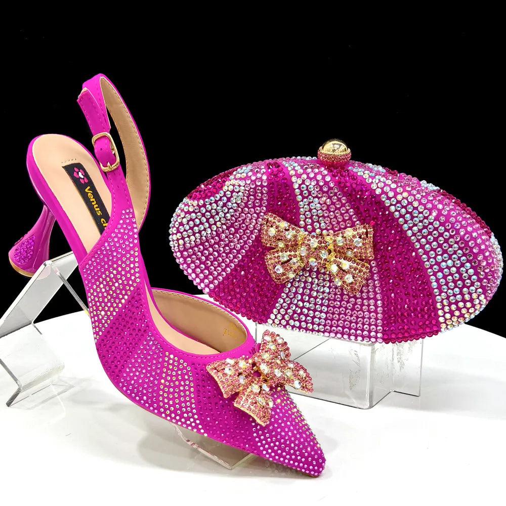 New Arrival Women's Elegant Black Shoes with Rhinestone-Embellished Diamond Heels & Matching Handbag – Perfect Fashion Set for