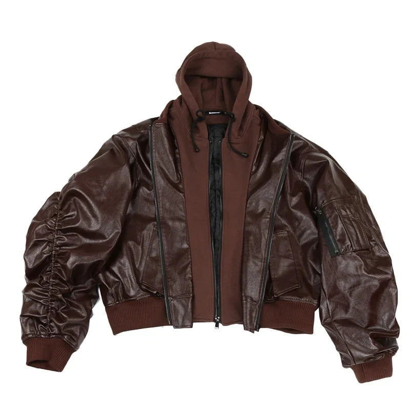 Autumn Winter Oversized Cool Black Thickened Warm Pu Leather Jacket Men Hood Luxury Designer Fake 2 Clothes