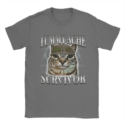 Tummy Ache Survivor Cat Meme Funny Saying Cats Animals T Shirt Summer  Pure Cotton T-Shirts For Men's Trending Casual Tee Shirt