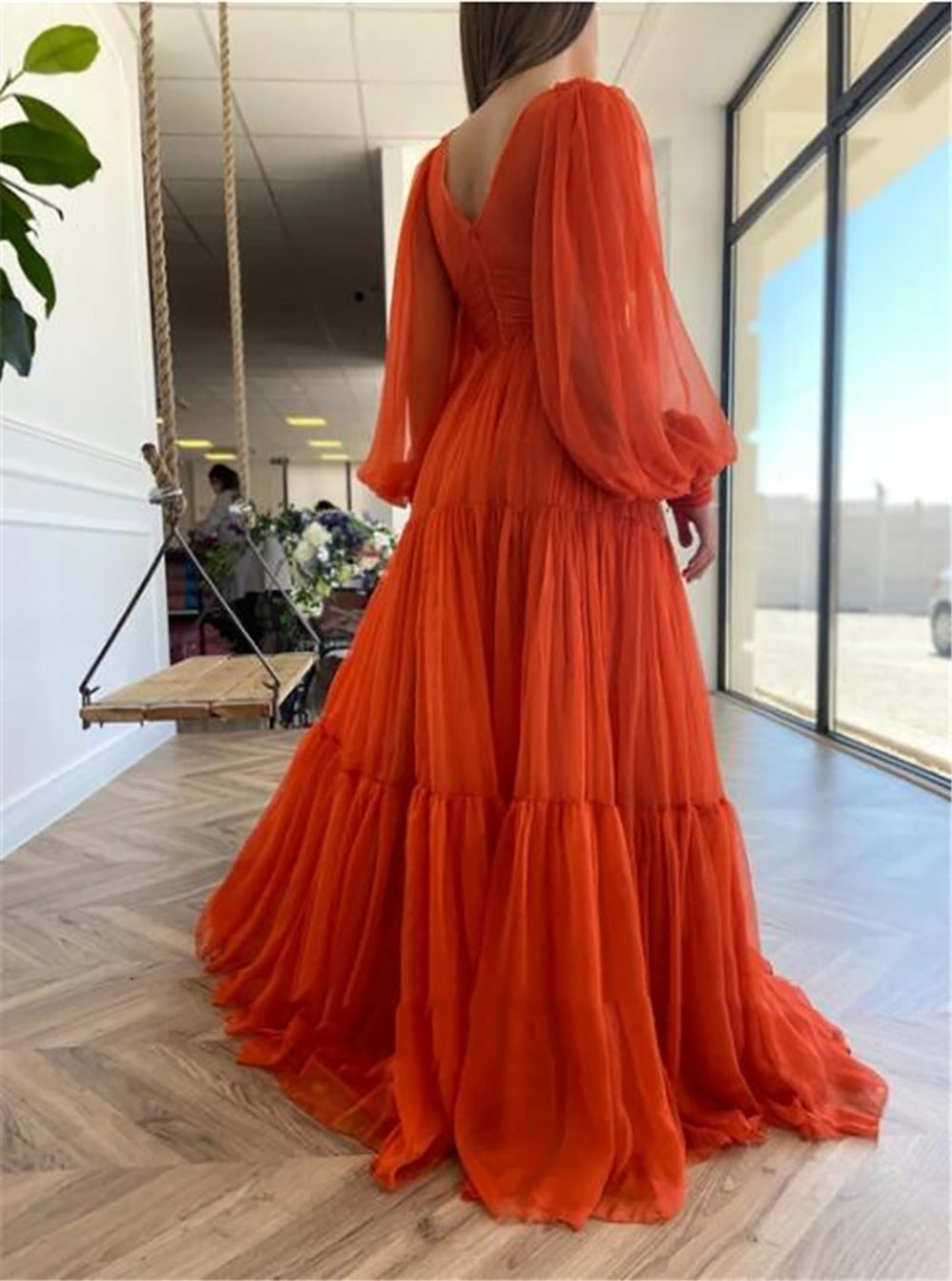 Pleat Tulle Princess Prom Gown V-Neck Long Puff Sleeve Plus Size Evening Gown Elegant Dress Women for Wedding Party