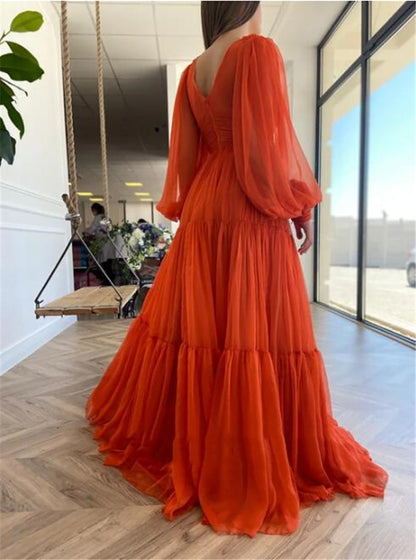 Pleat Tulle Princess Prom Gown V-Neck Long Puff Sleeve Plus Size Evening Gown Elegant Dress Women for Wedding Party