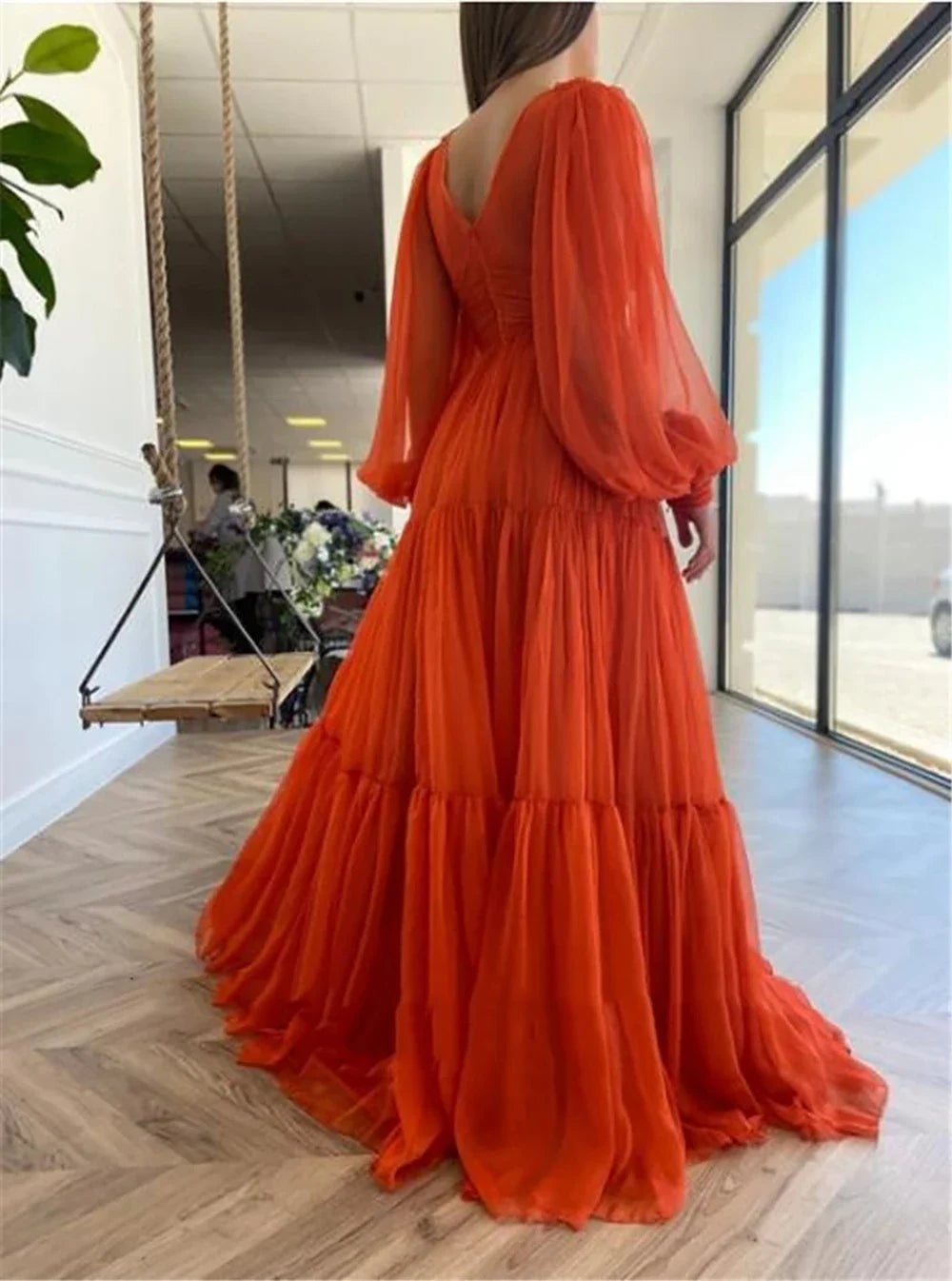 Pleat Tulle Princess Prom Gown V-Neck Long Puff Sleeve Plus Size Evening Gown Elegant Dress Women for Wedding Party