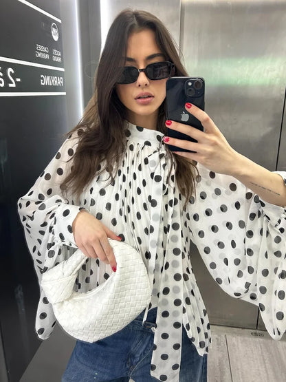 Elegant Retro Polka Dot Lace Up Shirt Women Long Lantern Sleeve Hollow-out Translucent Loose Blouse 2026 Lady Daily Commute Top