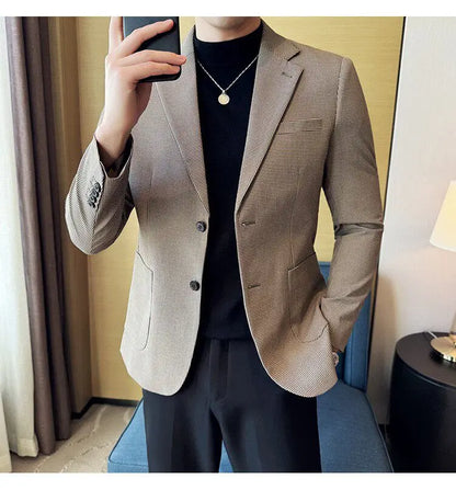 Korean Vintage Elegant Men's Business Slim Fit Suit Jacket 2026 New Fashion Lapel Single Breasted Men Social Party Dress Coats