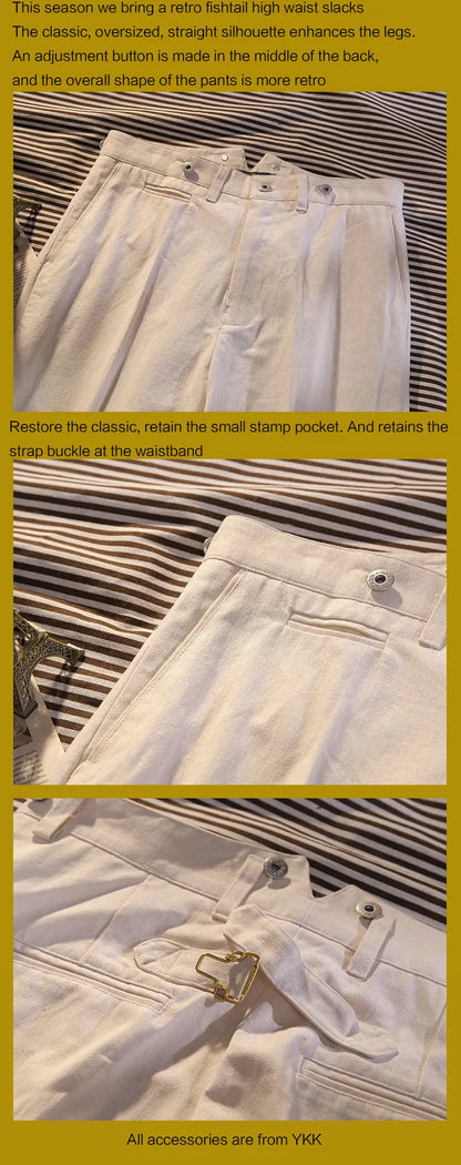 Beige Fishtail Waist Officer's Pants Vintage Deck Loose High Waist Straight Leg Casual Pants Cotton Wide Leg Pants