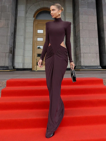 Nibber Hipster Waistless Ruched Elegant Dress Woman Autumn Style Turtleneck Full Sleeve Hollow Design Prom Party Long Bodycon