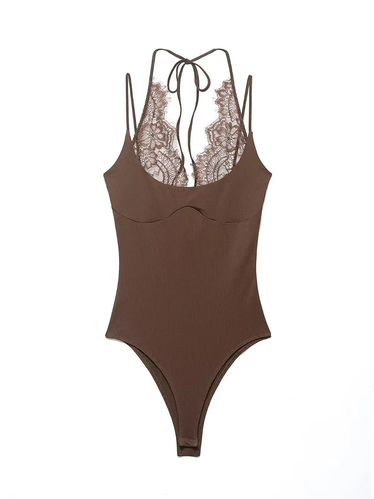 Women Sexy Slim Bodysuits Chic Lace Partwork Sleeveless Fashion Backless Sling Tops 2026 Newest Lady Casual Playsuit
