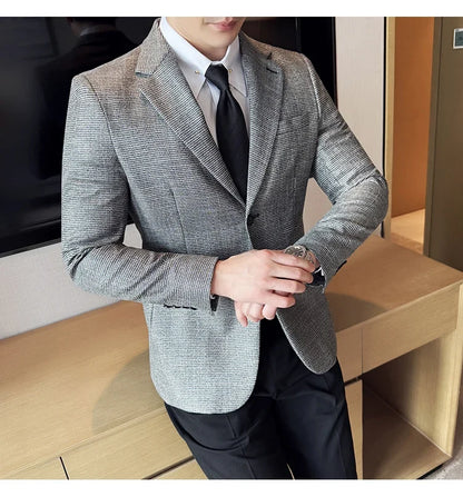 Bright Silk Thousand Bird Grid Suit Jacket Korean-style Business Fashion Slim Fit Single Breasted Men Social Party Dress Coats