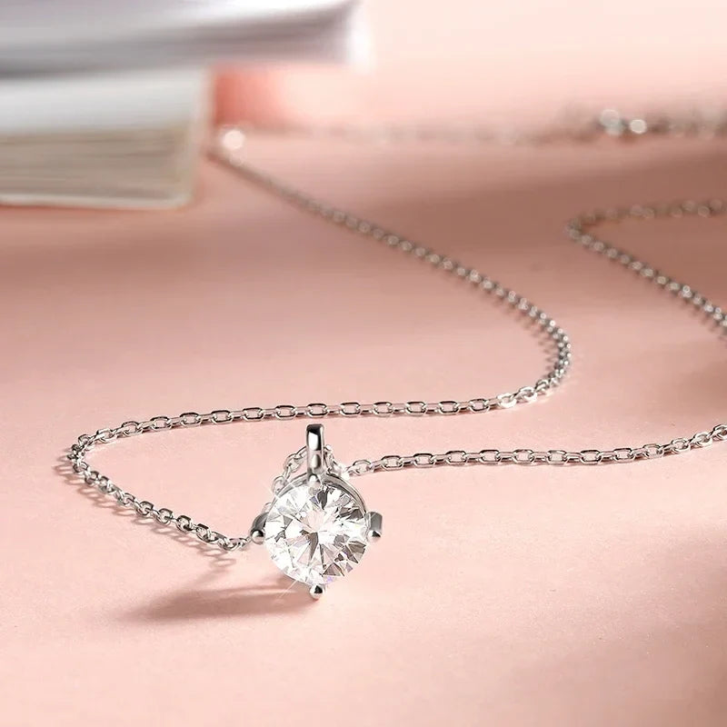 0.3-3CT D Color Moissanite Necklace for Women Classic 4-claws Pendant Sparkling S925 Sterling Silver Lab Diamond Chain