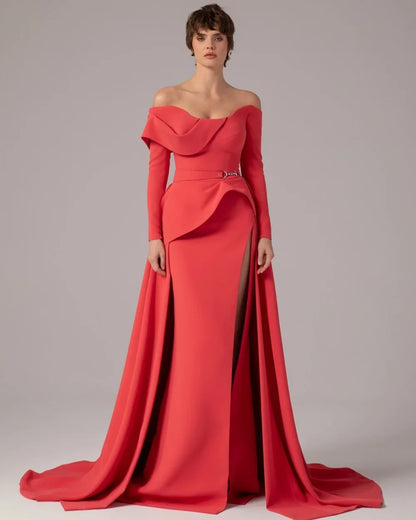 Customized High Quality Elegant Jersey Sash Ruched A-line Off-the-shoulder Long Dresses Bespoke Occasion Dresses Sizes Available