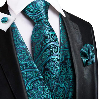 Slim 4PC Vest Necktie Pocket Square Cufflinks Silk Men's Waistcoat Neck Tie Set for Suit Dress Wedding Paisley Floral Vests Gift