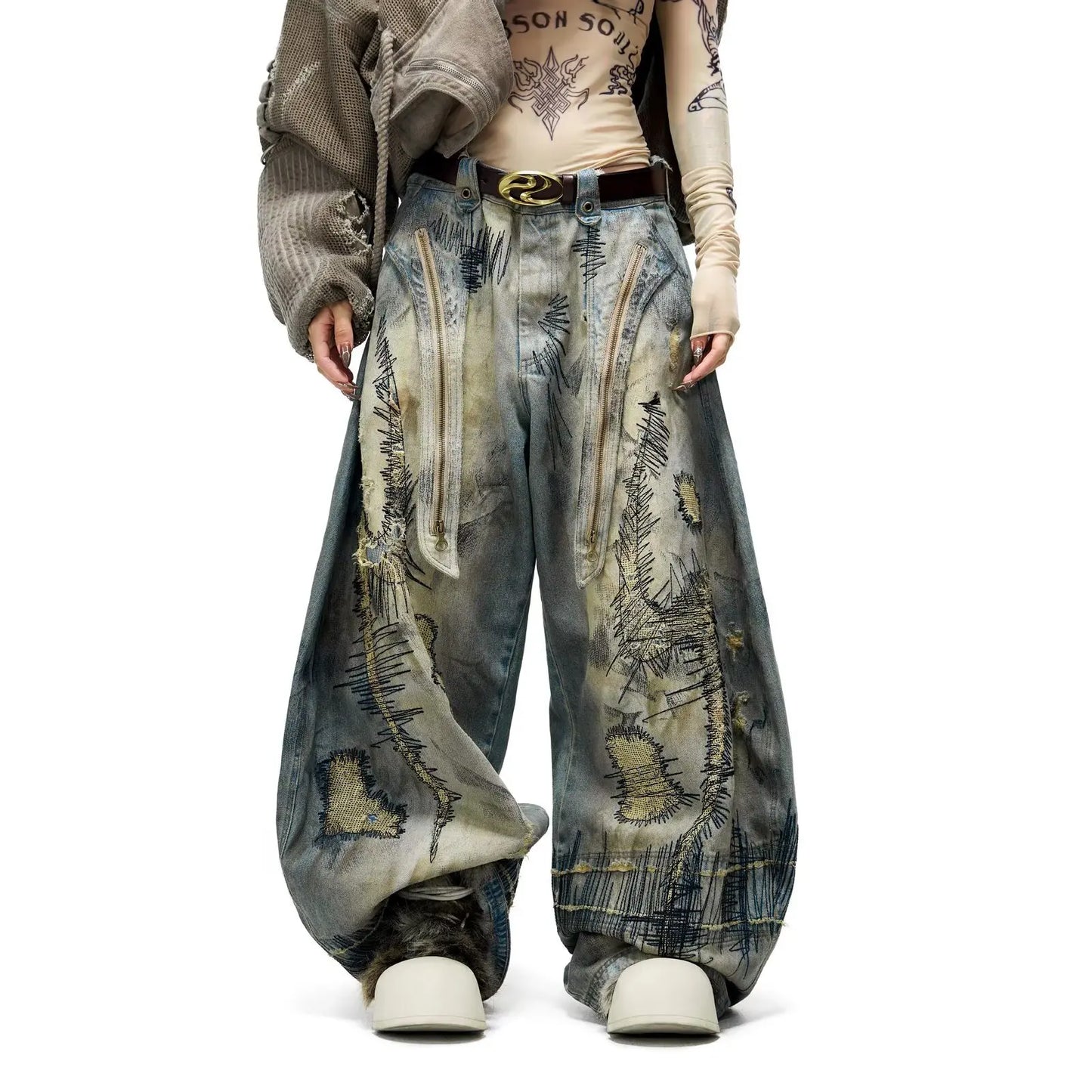 American New Fashion Men's Blue Casual Trendy Daily Loose Wide Leg Hole Patched Embroideried Denim Trousers Male Jeans Pants