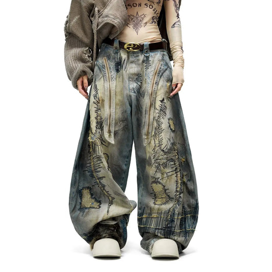 American New Fashion Men's Blue Casual Trendy Daily Loose Wide Leg Hole Patched Embroideried Denim Trousers Male Jeans Pants