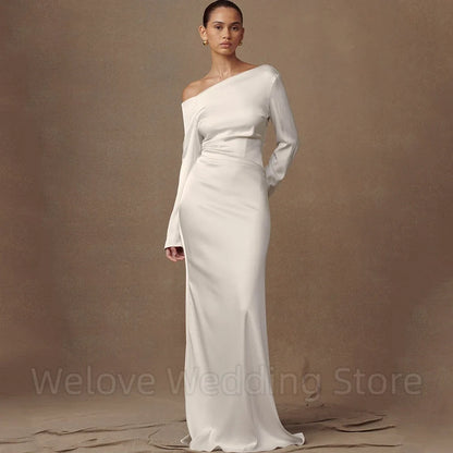 Simple Boat Neck Mermaid Wedding Dress Bride Long Sleeves Off the Shoulder with Buttons Soft Satin Customized Gowns