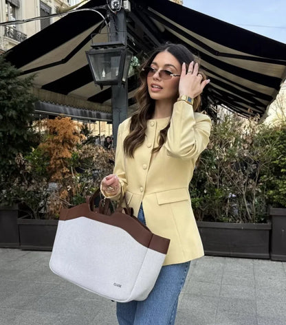 2025  women's new elegant fashion retro round neck cut waist slit long-sleeved casual suit jacket