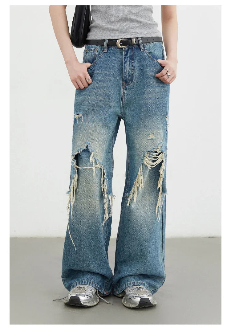 Women Jeans Loose Casual High Waisted Wide Leg Ripped Rough Edge Denim Pants Female Trousers Spring Autumn 2025