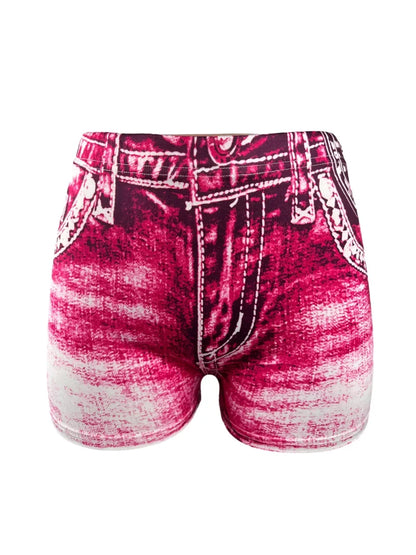 Women's Faux Denim Print High Stretch Slim Shorts, Versatile Yoga Shorts, Polyester Non-Denim Material