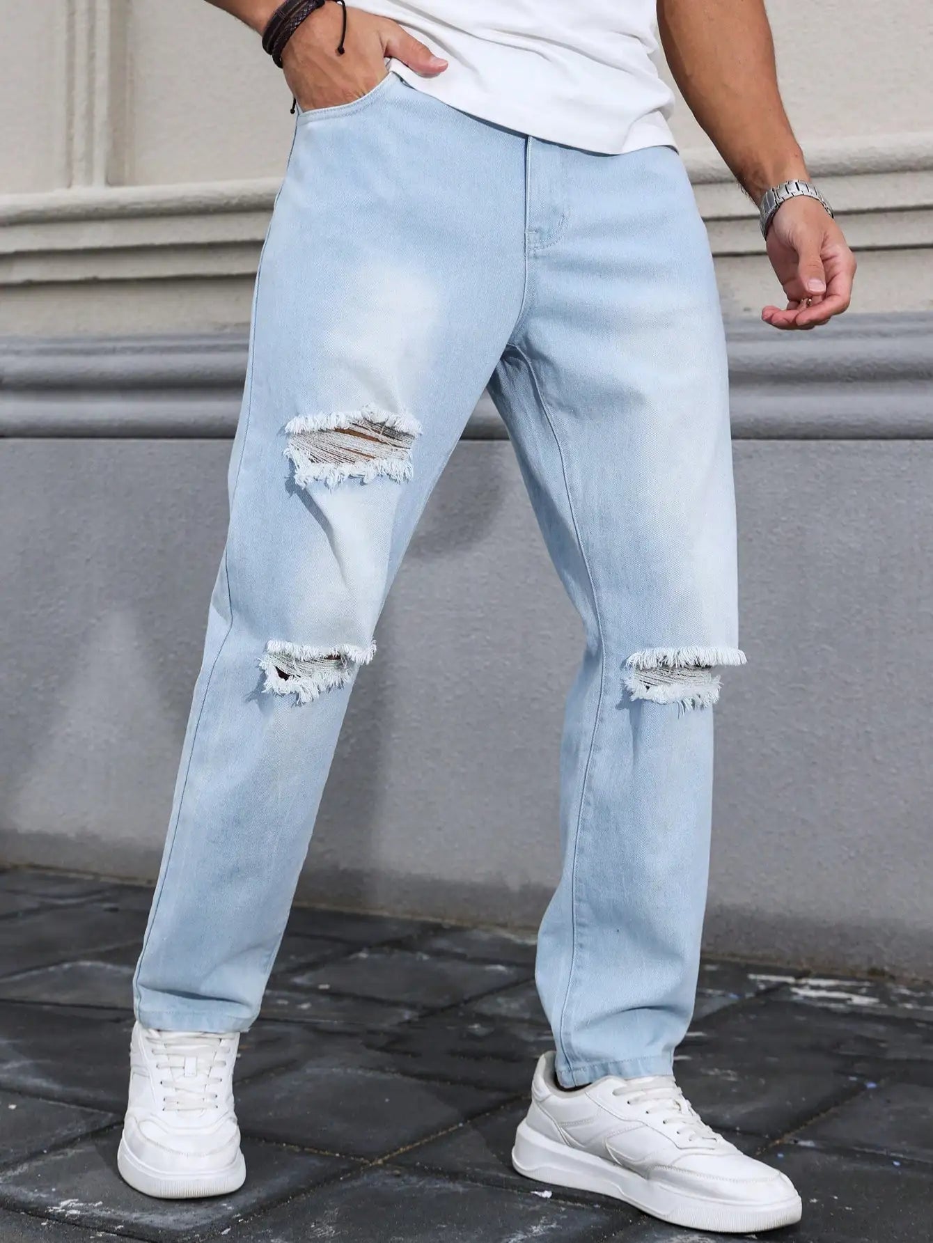 Men's Light Blue Ripped Jeans for Spring and Autumn. Casual Denim Trousers. Street Ripped Daily Casual