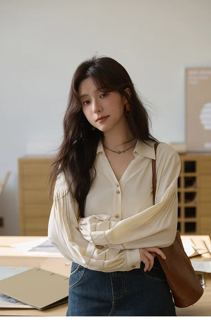 Women's Shirt Lantern Sleeve Hollow Out Tops 2025 Autumn Single Breasted Solid Shirts Lapel Shirt Office Lady MXE41C2359