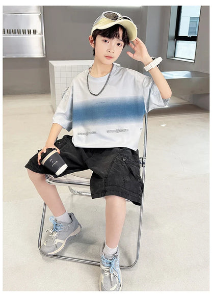 Luxury Children's Summer Clothing Top and Bottom Set For Boys 2PCS Cotton Outerwear Suit Kids School Clothes Tracksuit Age 5-14Y