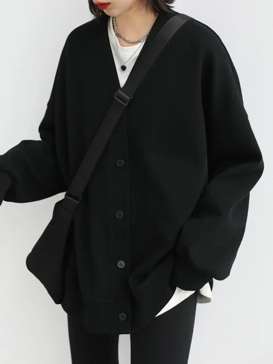 Korean Autumn Winter Women's Sports Coat Casual Loose V-neck Sweatshirt for Women Thick Warm Tops Office Lady Female
