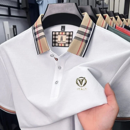 High end brand men's short sleeve polo shirt summer new letter emboss lightweight breathable fashion color blocked lapel T-shirt