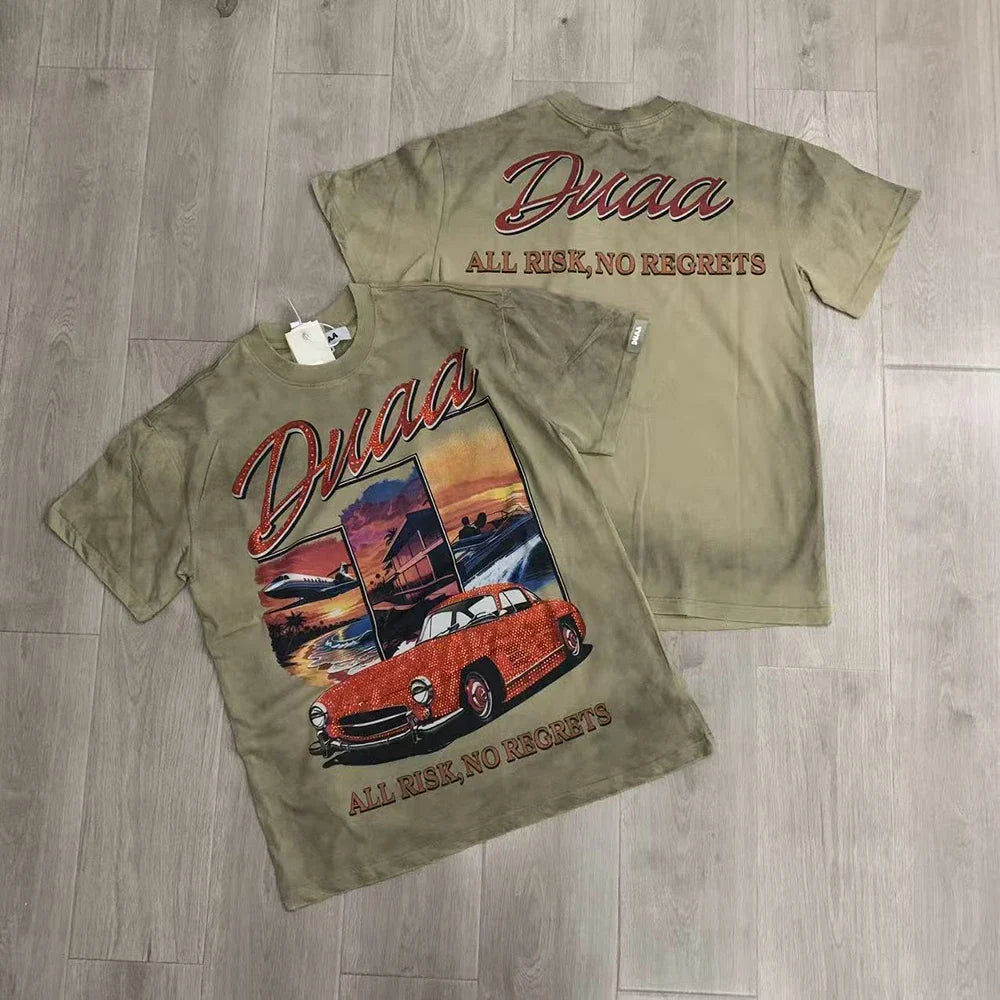 Car Letter Rhinestone Washed Cotton Short Sleeve Tshirts for Men and Women Harajuku Hip Hop Loose Shinning Diamond Tees Oversize