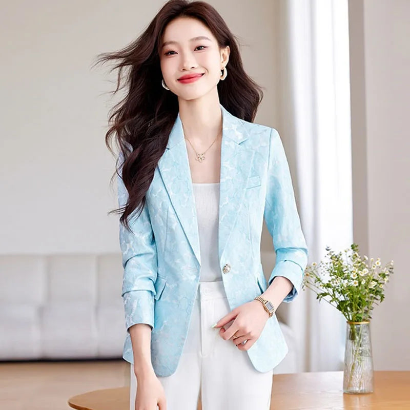 Women Blazer Office Lady 2024 Elegant Slim Notched Women Blazers Jackets Button Long Sleeve Decorative Pattern Female Suit Coat