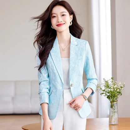 Women Blazer Office Lady 2024 Elegant Slim Notched Women Blazers Jackets Button Long Sleeve Decorative Pattern Female Suit Coat