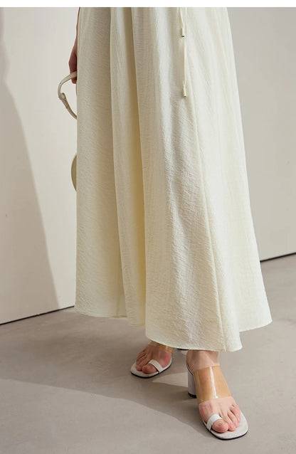Minimalist New Summer Knee Length A-line Skirt Women Adjustable Drawstring Solid Color Commuting Style Loose Skirt 12522025