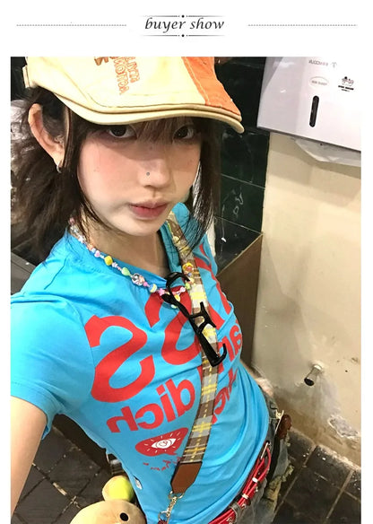 Karrram Japanese Y2k Letter Print T-shirt Trashy 2000s Style Crop Top Vintage Harajuku Short Sleeve Tee Shirt American Retro 90s