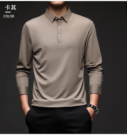 Mulberry Silk Men's Polo Shirts Luxury Long Sleeve Solid Color Golf Male T-shirts Spring Autumn Business Casual Man Tees