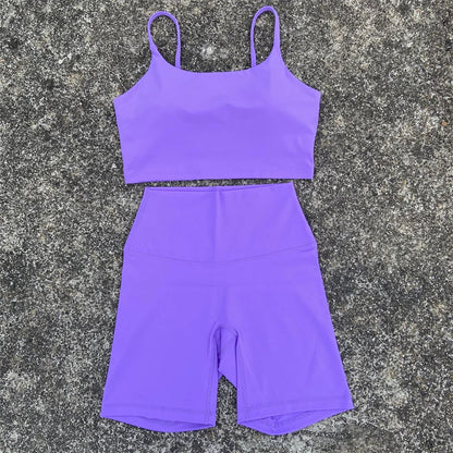 Yoga Clothes Set 2 Piece Gym Sports Shorts Set Women Sexy Back Bra Top High Waist Shorts Fitness Suit Running Workout Tracksuit