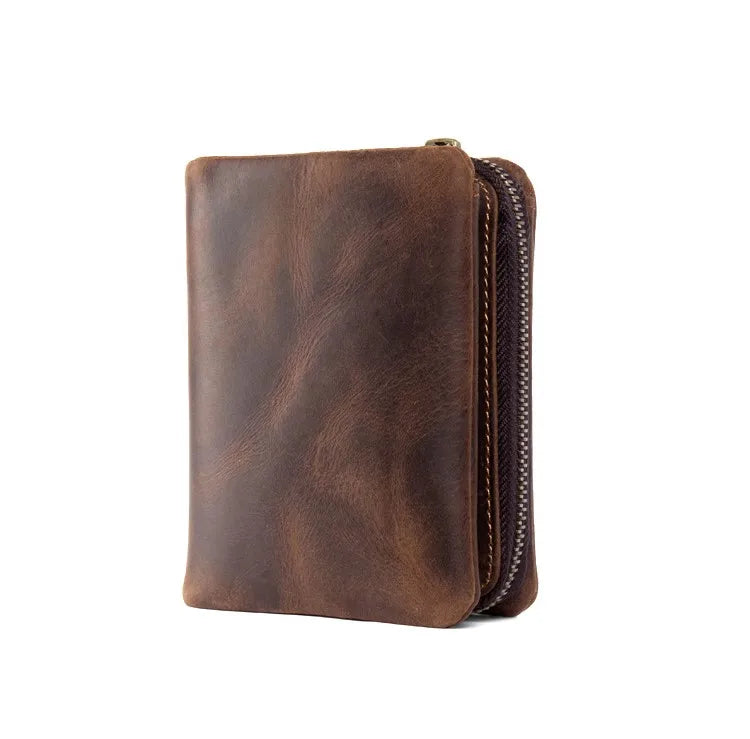 Handmade crazy horse leather wallet retro vertical zipper wallet first layer cowhide simple old wallet man