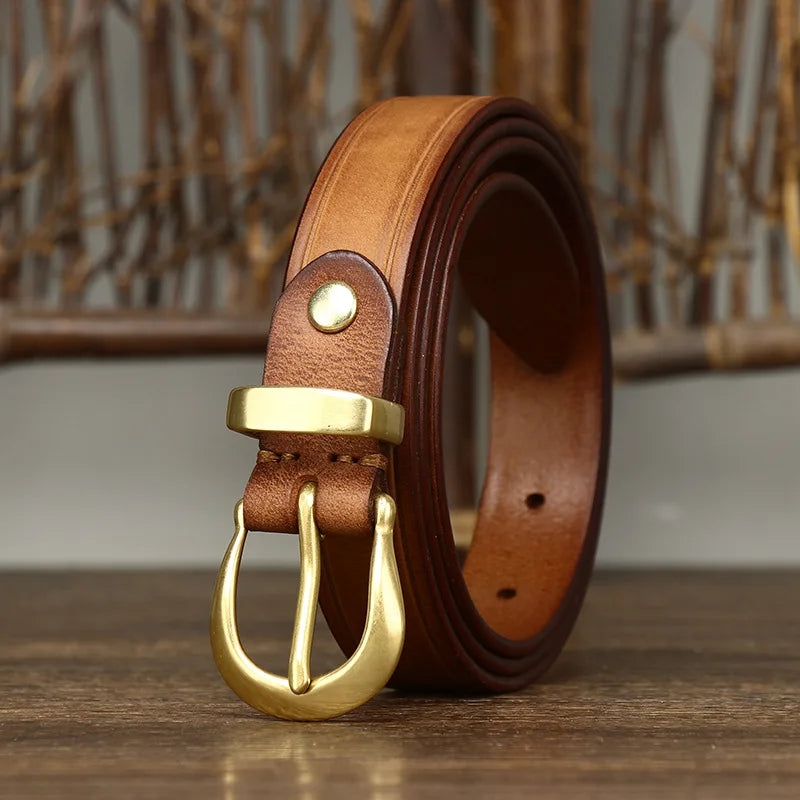 2.4 CM Pure Cowhide Genuine Leather Ladies High Quality Jeans Brass Buckle Belts Cowboy Fashion Designer Belts for Women luxury