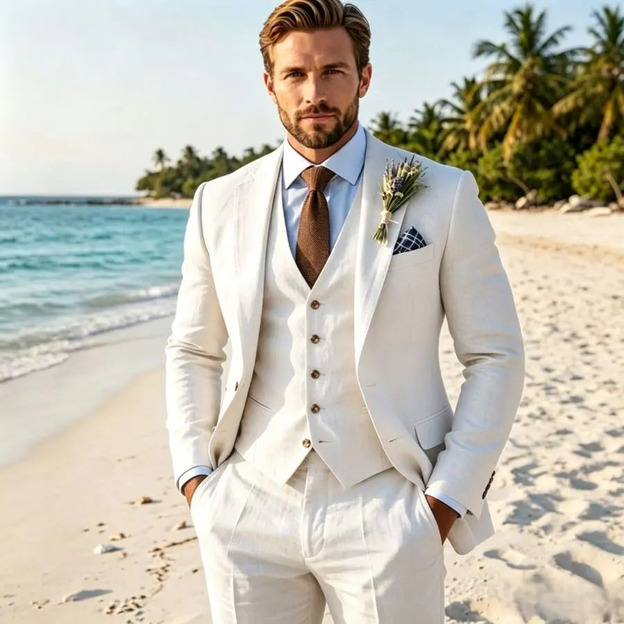 Beige Linen Wedding Suit 3 Piece Set Beach Groom Lightweight Summer Mens Suits Casual Outdoor Fashion Breathable Trousers Vest