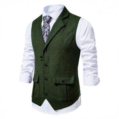 Tailored Collar Vest for Men Single Breasted Herringbone Tweed Suit Vest Mens Formal Striped Waistcoat Punk Groomsmen Wedding