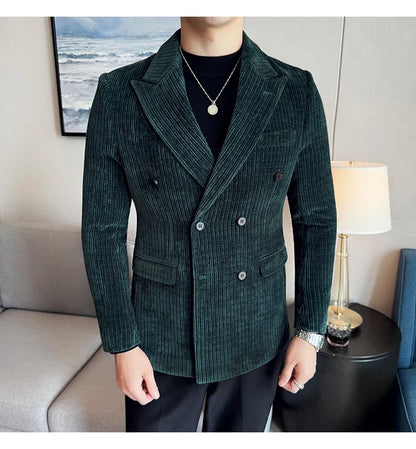 Autumn Winter New Men Corduroy Suit Jackets Double-Breasted Striped Slim Fit Casual Coats High Quality Formal Business Tailcoat